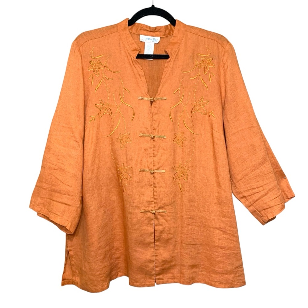 Vintage Kenji Burnt Orange Linen Shirt Floral Embroidery 1-2X Oriental Tunic Top